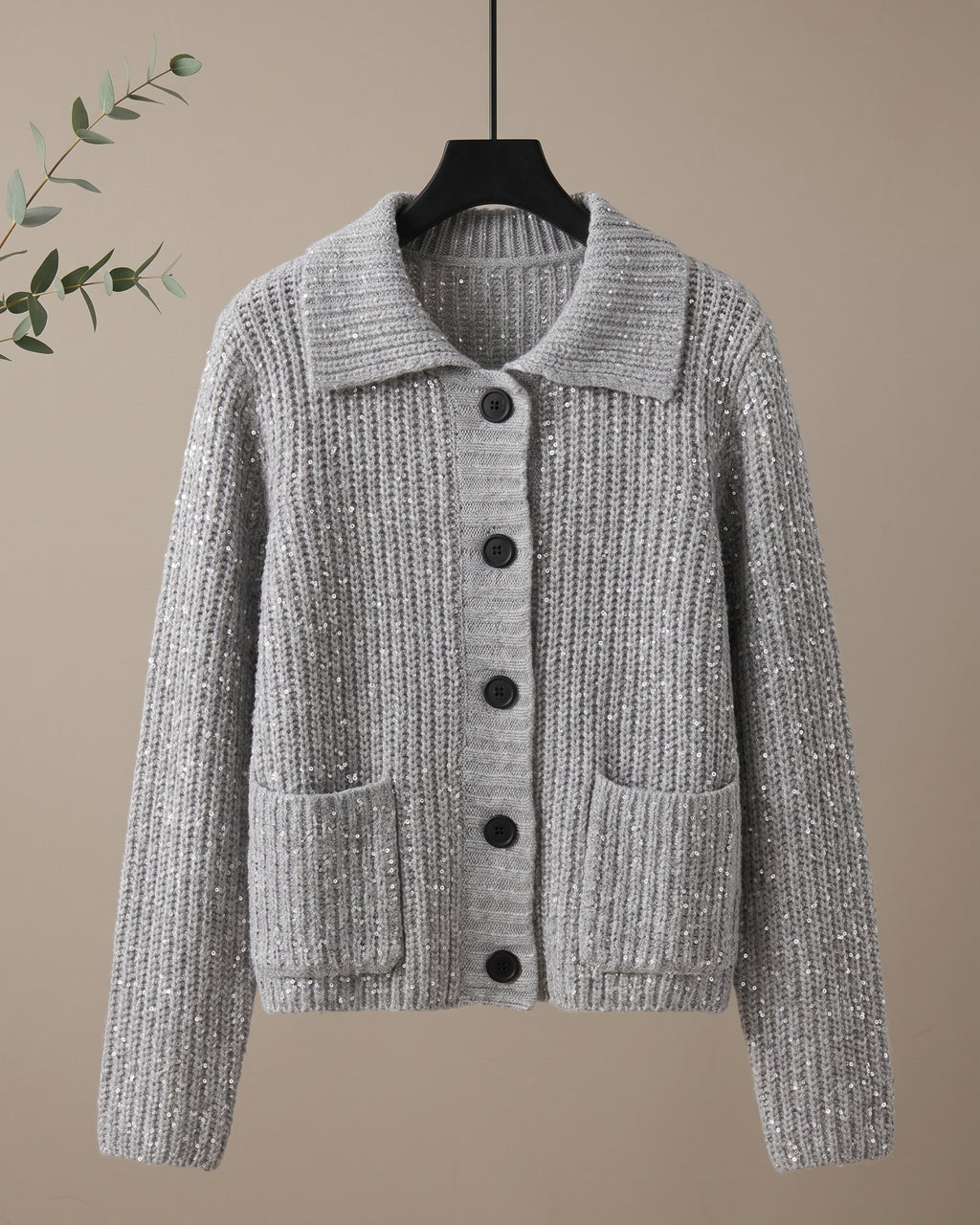 Women's Sequin Ribbed Collared Cardigan (Gray) LB5700