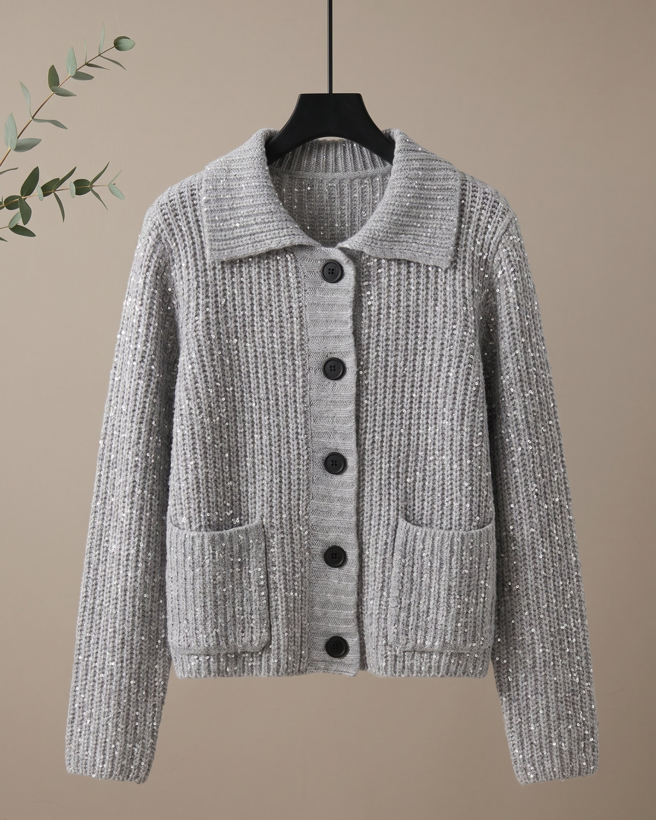 Women's Sequin Ribbed Collared Cardigan (Gray) LB5700