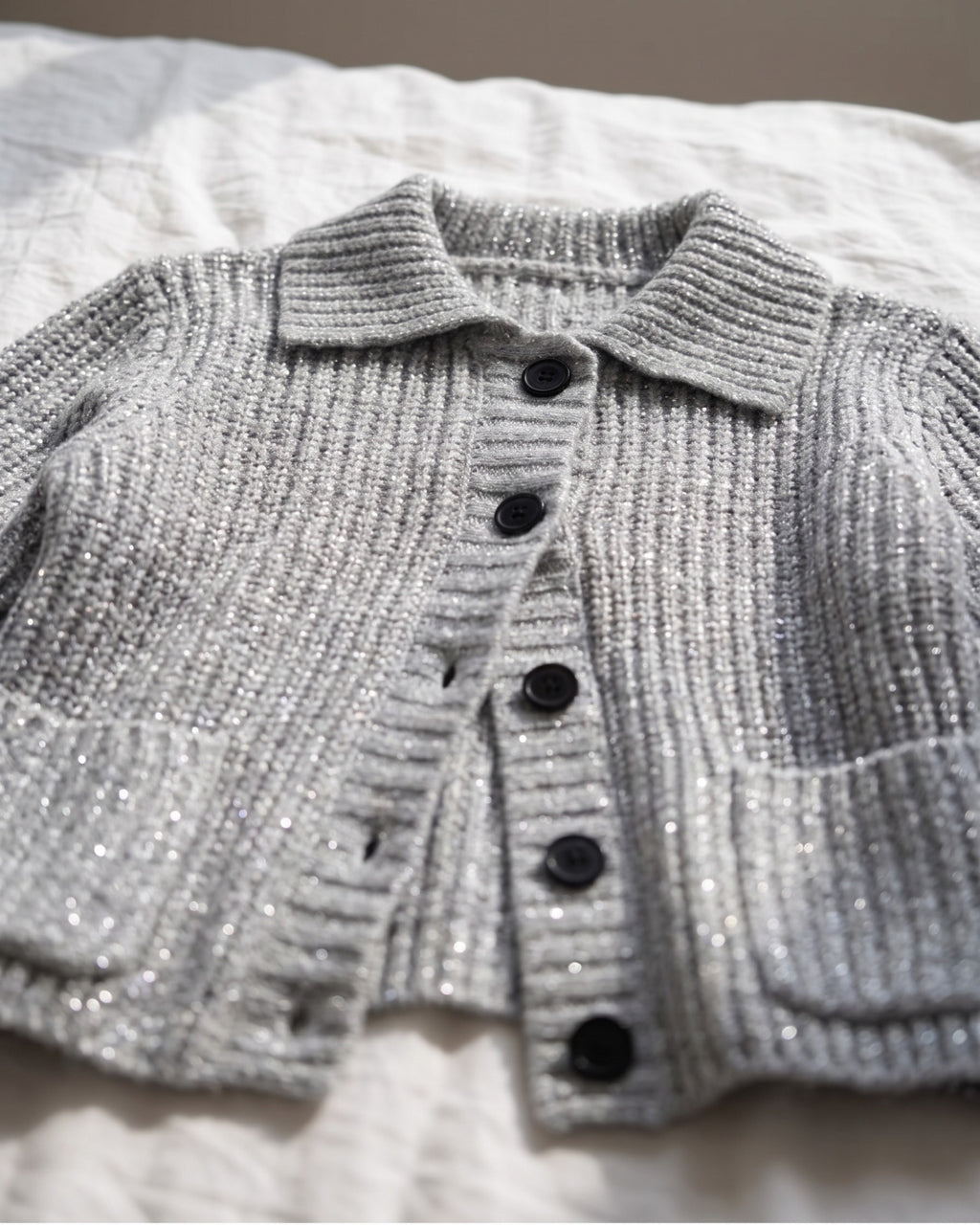 Women's Sequin Ribbed Collared Cardigan (Gray) LB5700