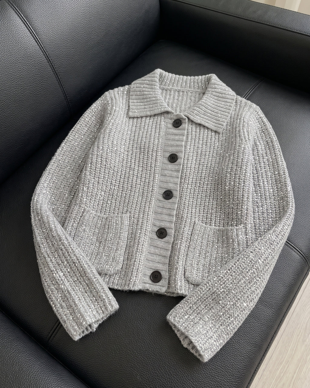 Women's Sequin Ribbed Collared Cardigan (Gray) LB5700