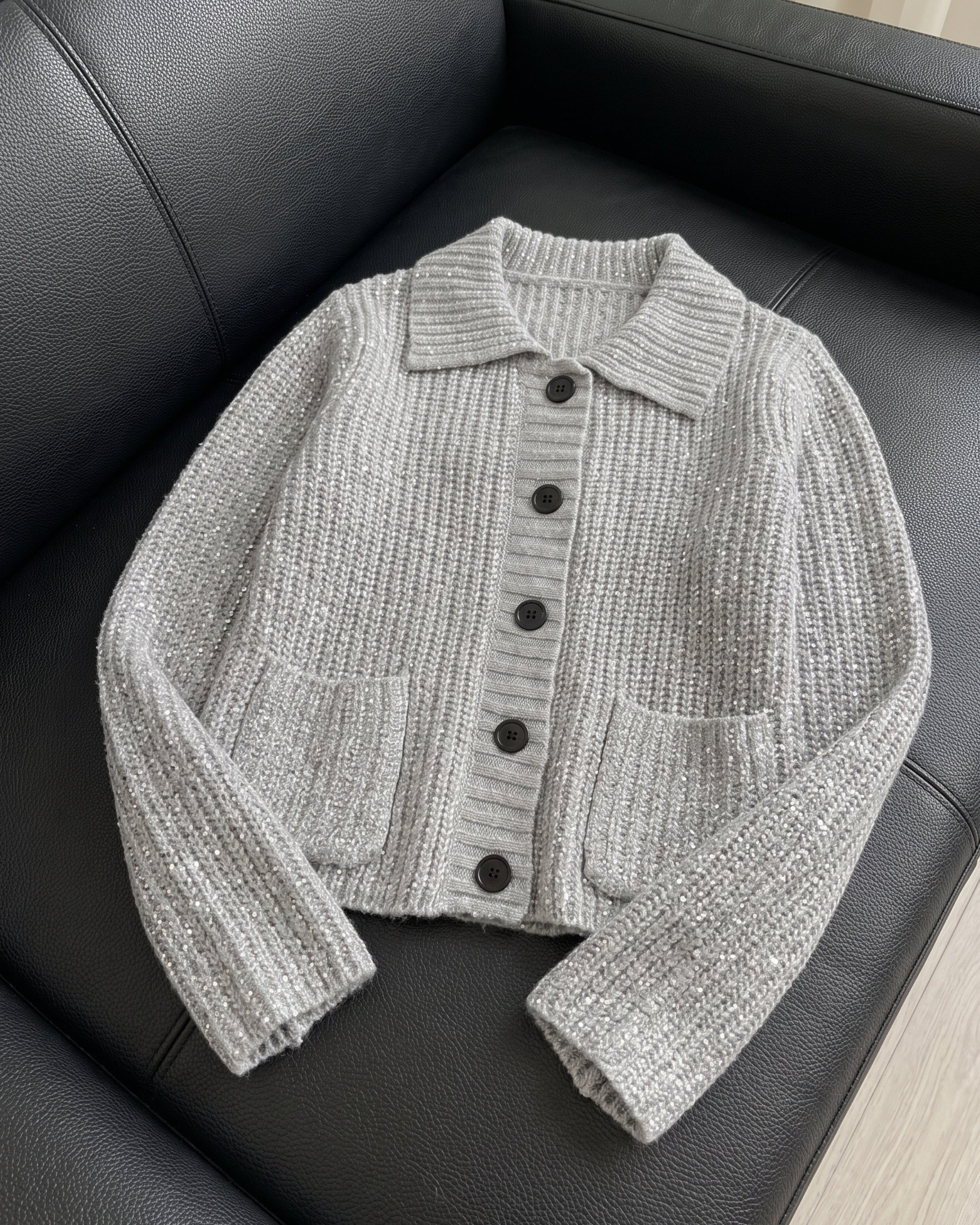 Women's Sequin Ribbed Collared Cardigan (Gray) LB5700
