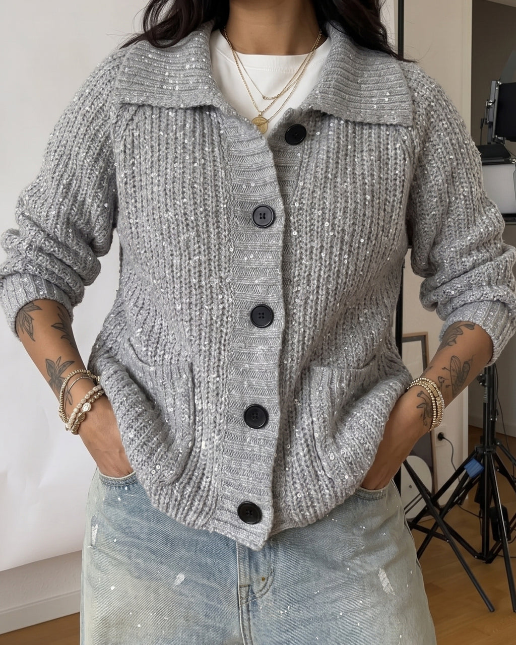 Women's Sequin Ribbed Collared Cardigan (Gray) LB5700