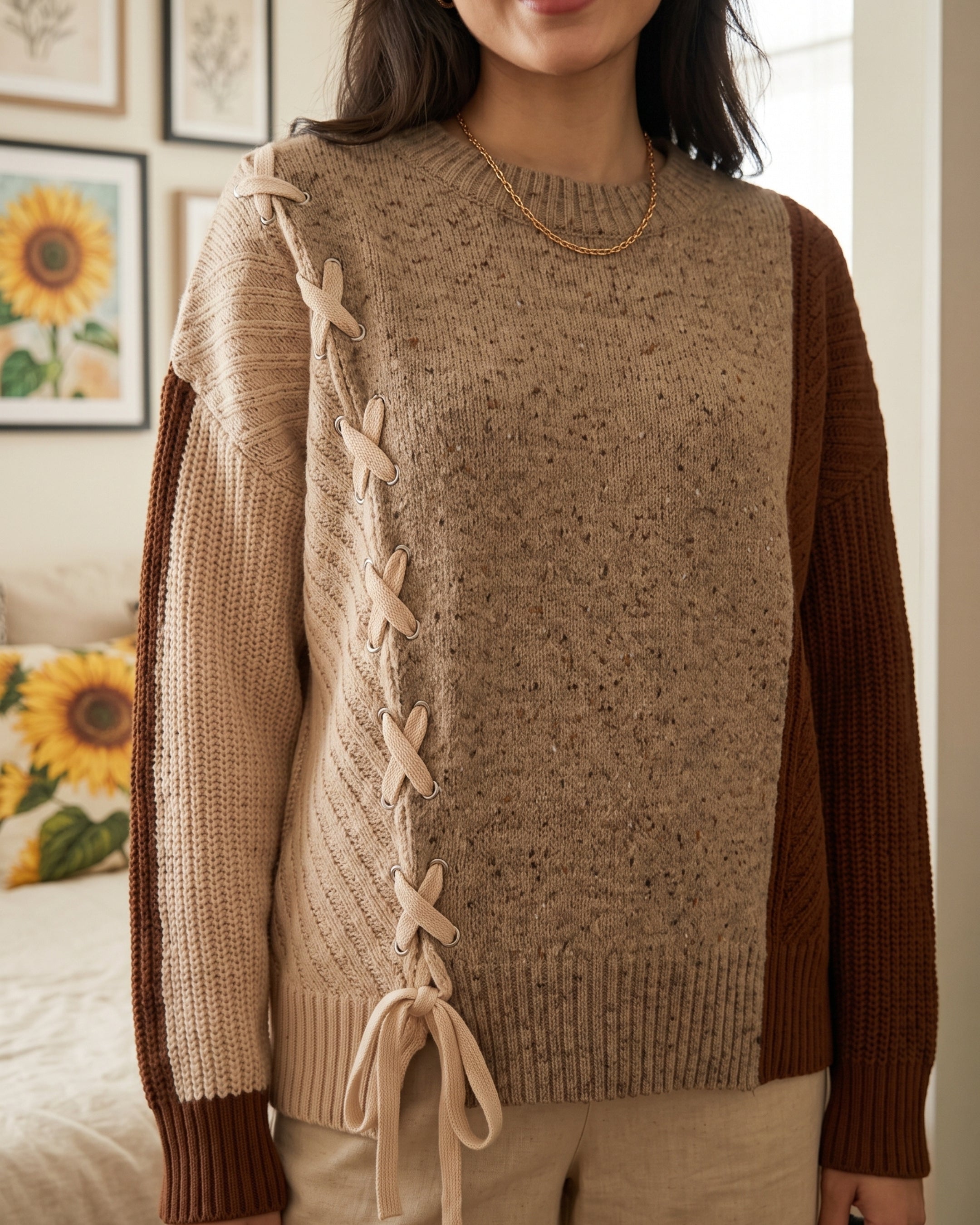 Women's Lace-Up Sweater (Beige skin) V206508