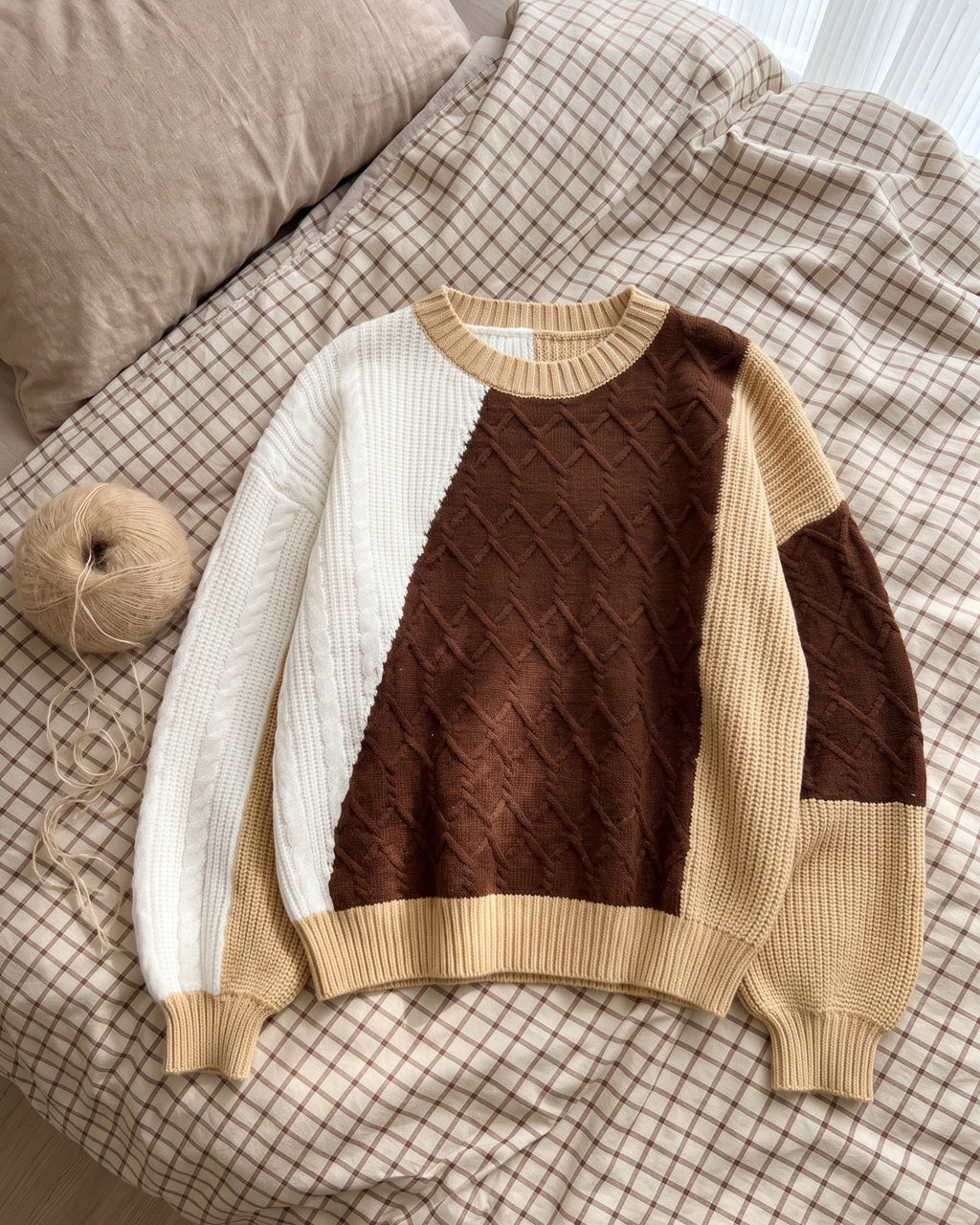 Mixed-Texture Block Crewneck Sweater (Camel) LS322