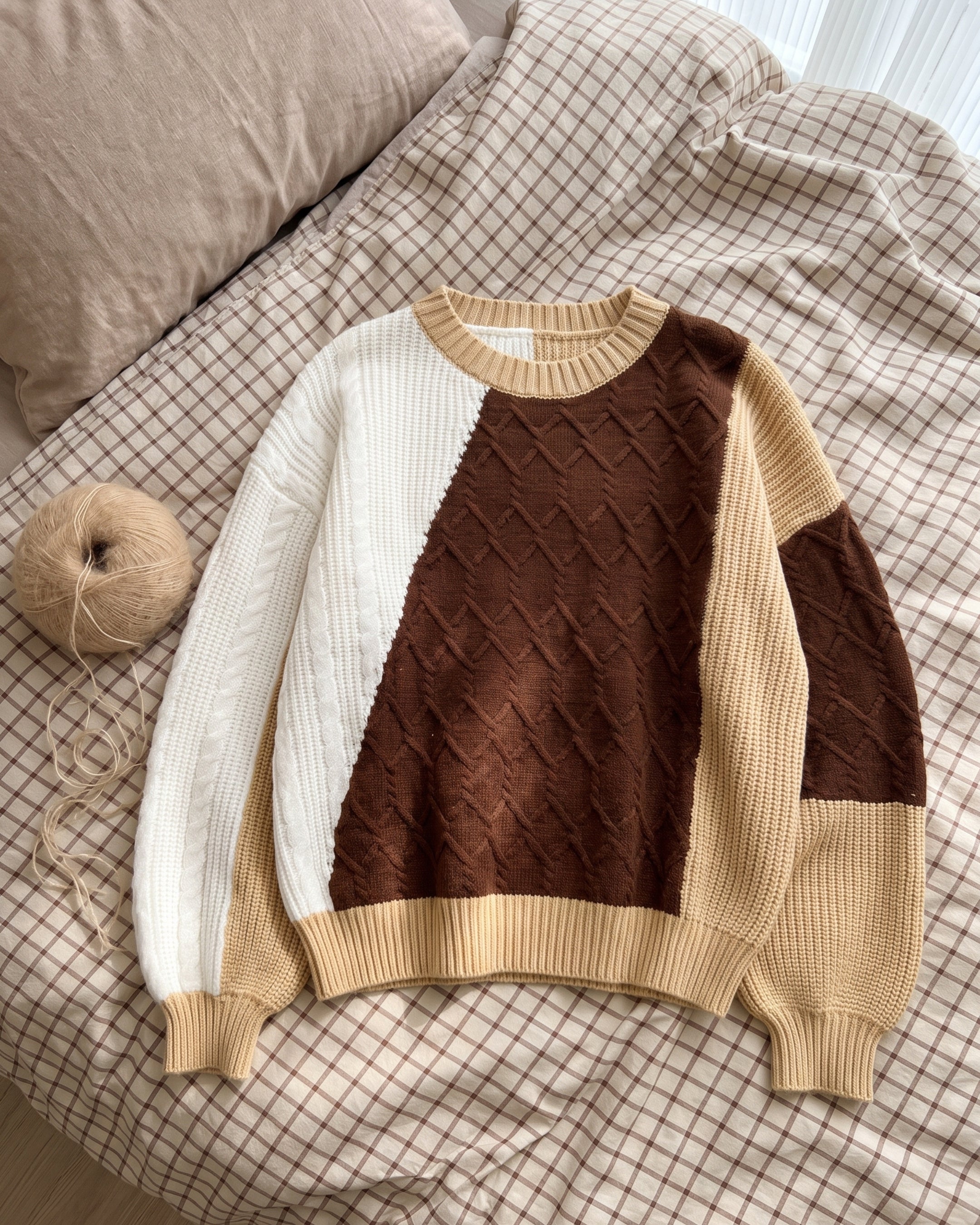 Mixed-Texture Block Crewneck Sweater (Camel) LS322
