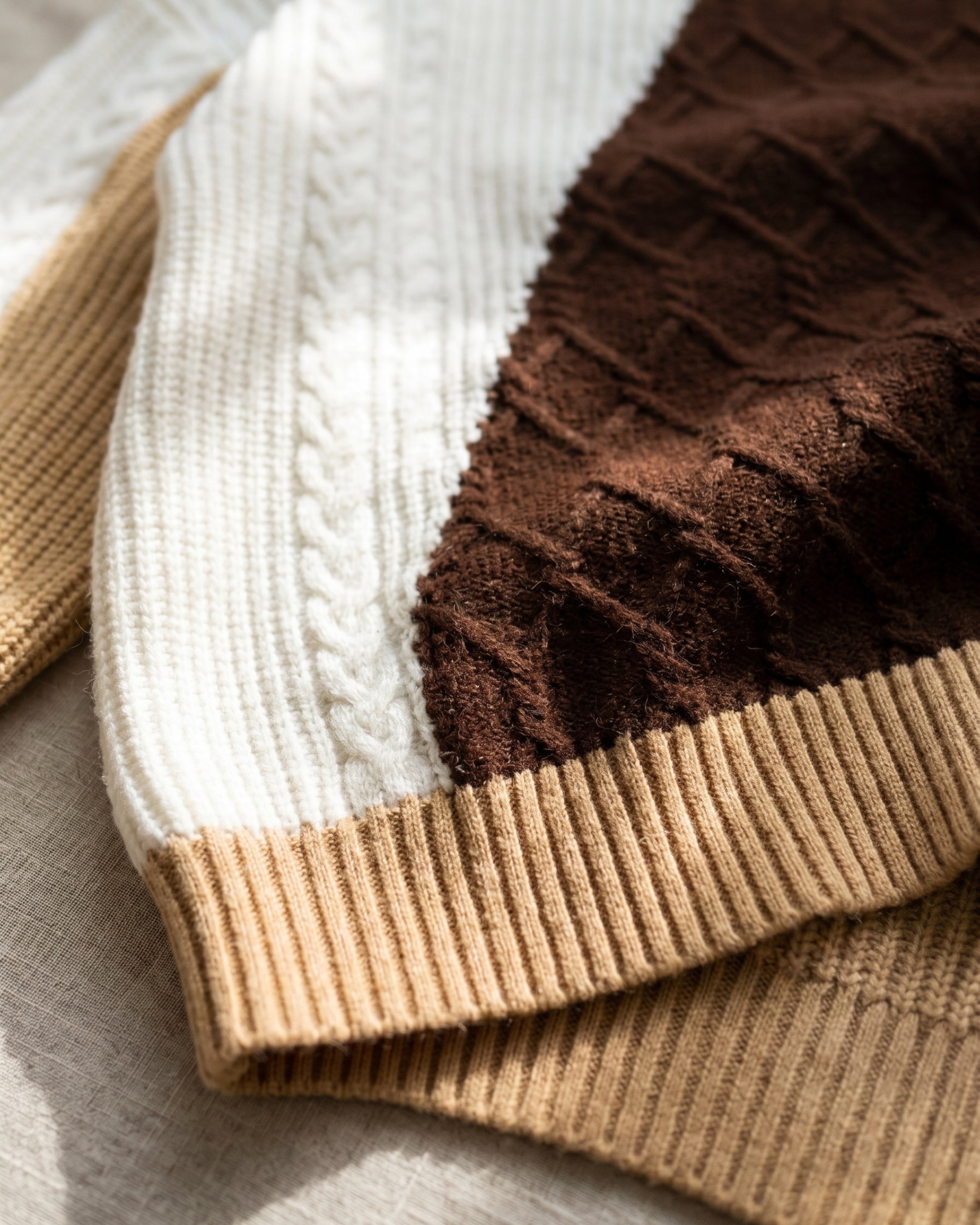 Mixed-Texture Block Crewneck Sweater (Camel) LS322