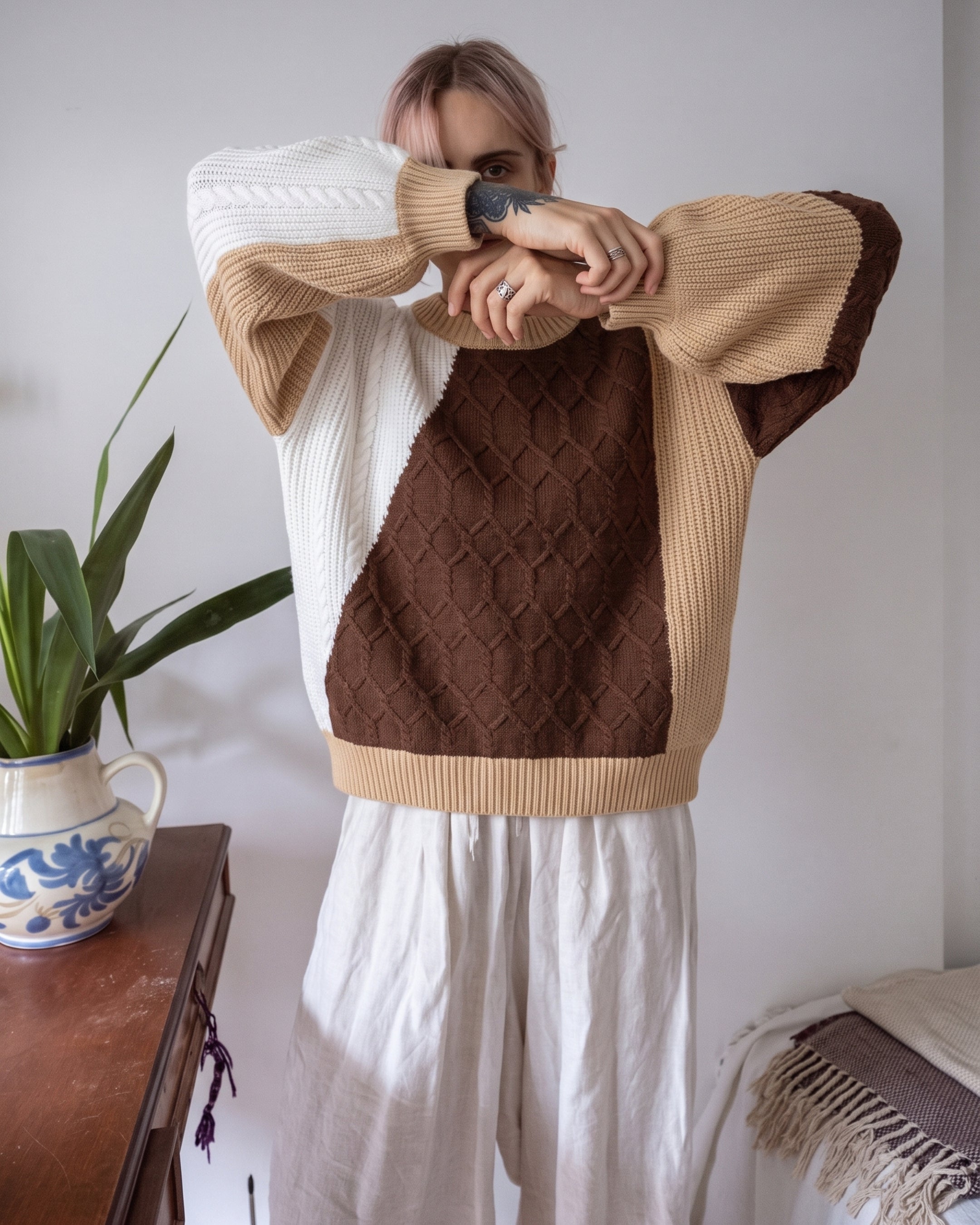 Mixed-Texture Block Crewneck Sweater (Camel) LS322