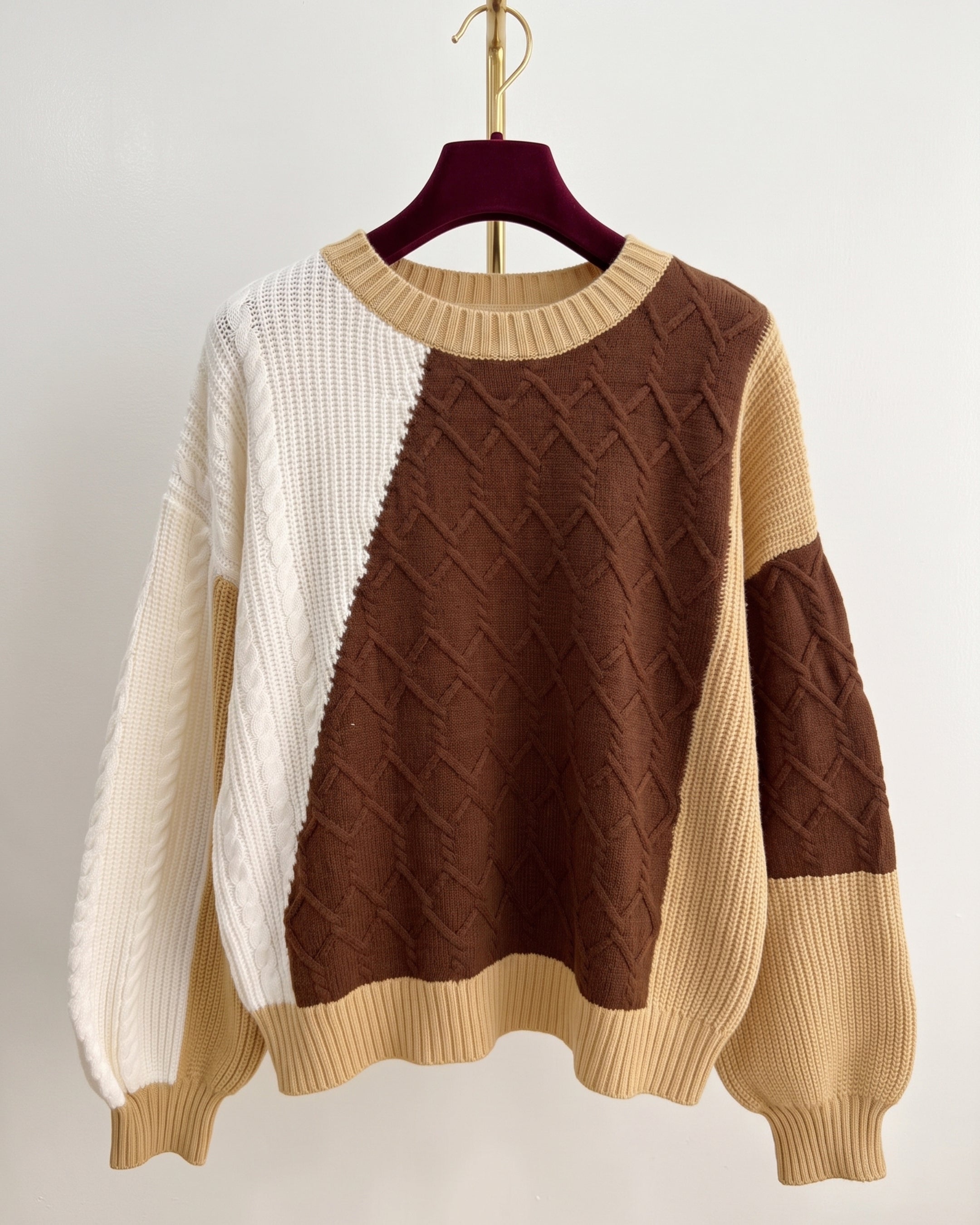 Mixed-Texture Block Crewneck Sweater (Camel) LS322