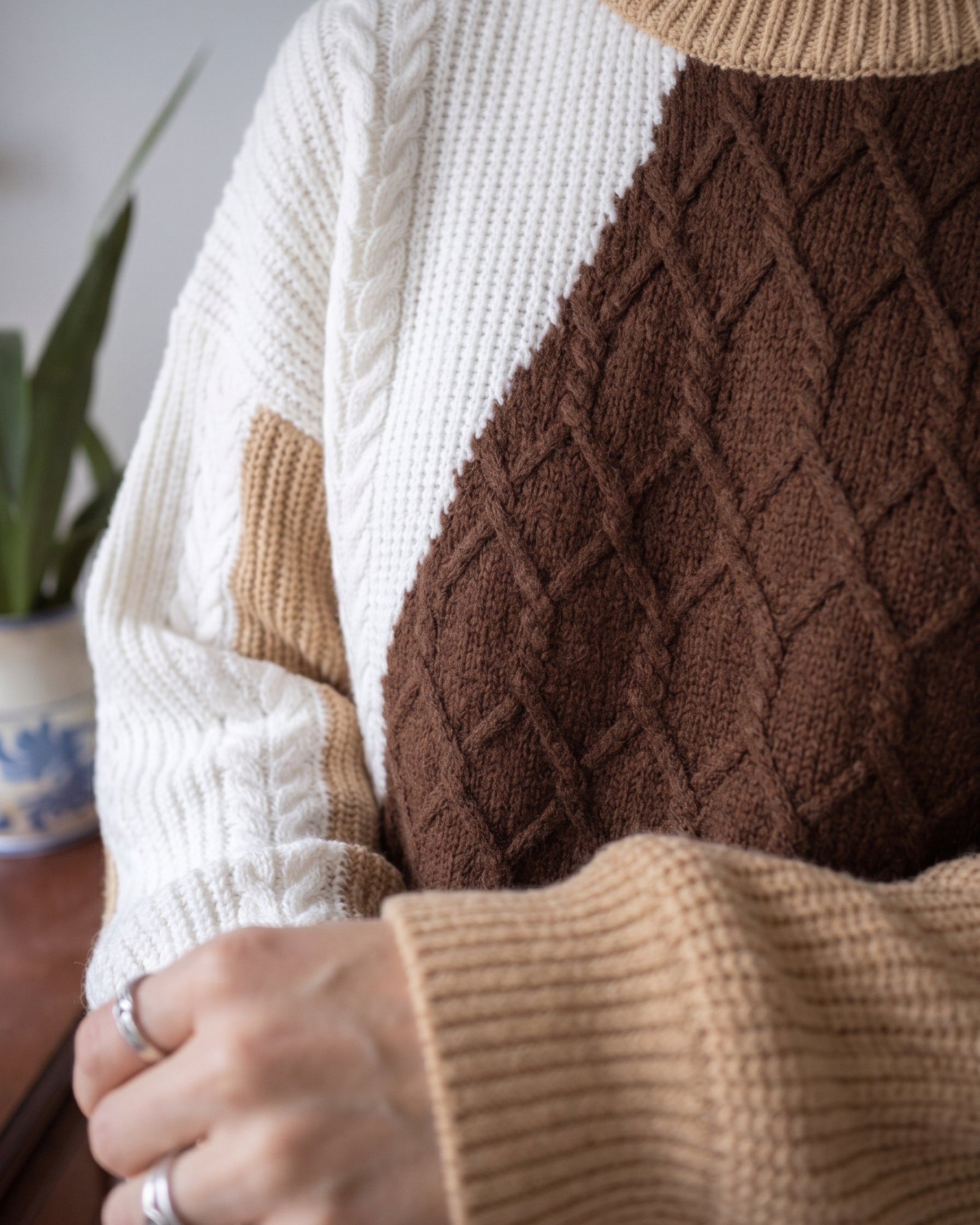 Mixed-Texture Block Crewneck Sweater (Camel) LS322