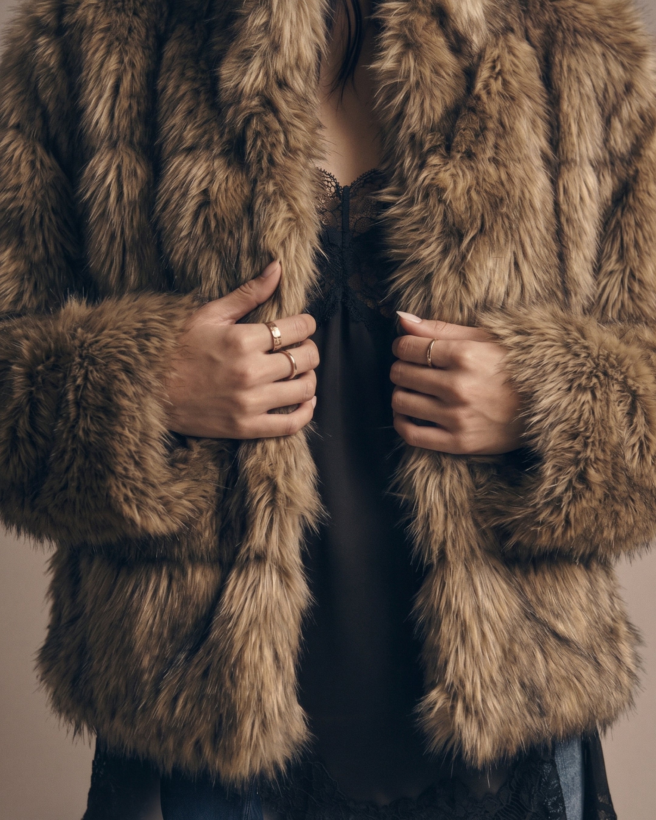Women's Plush Paneled Faux Fur Cropped Jacket (Khaki/Cafe) LH1093