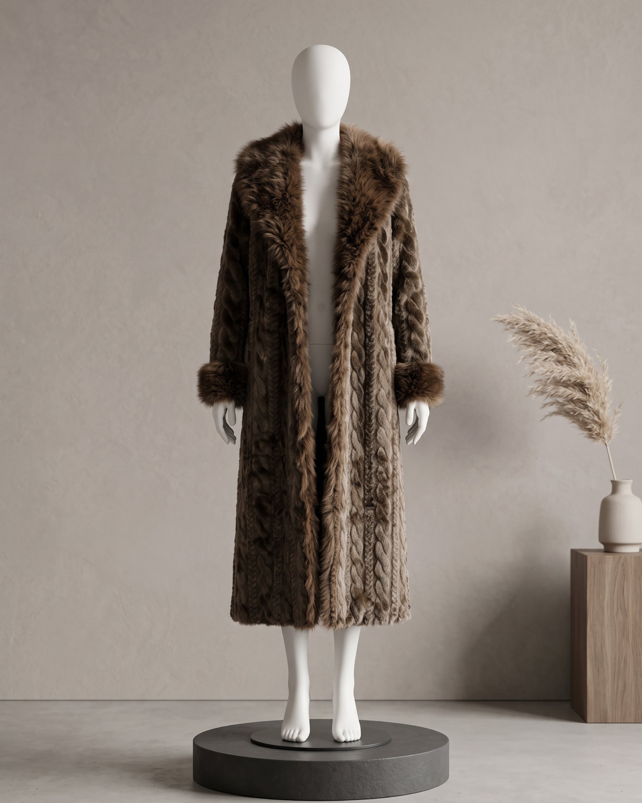 Women's Cable Knit Fur-Trimmed Long Coat (Black/Cafe) LH7119