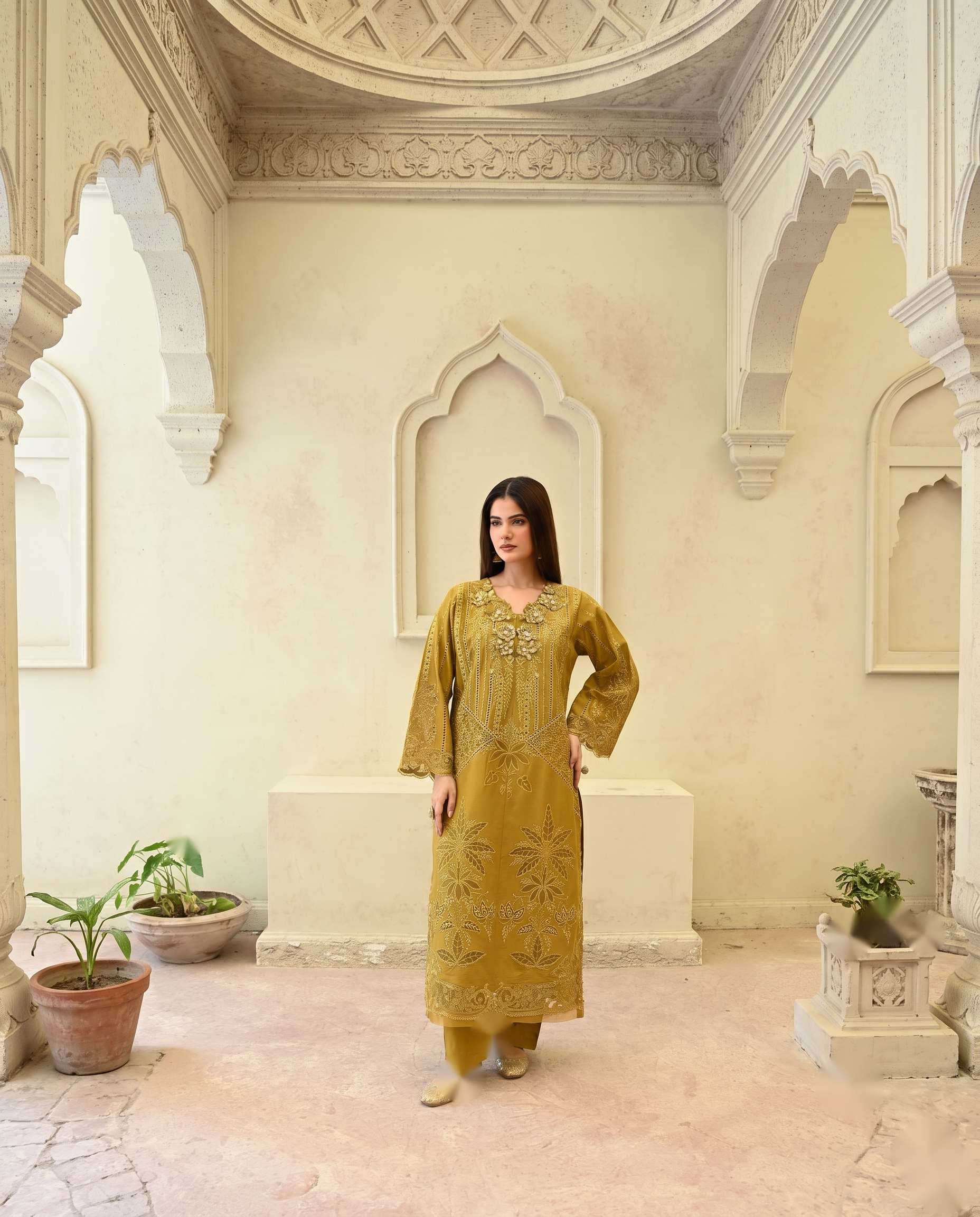 3-Piece Golden Olive Embroidered Tunic Set