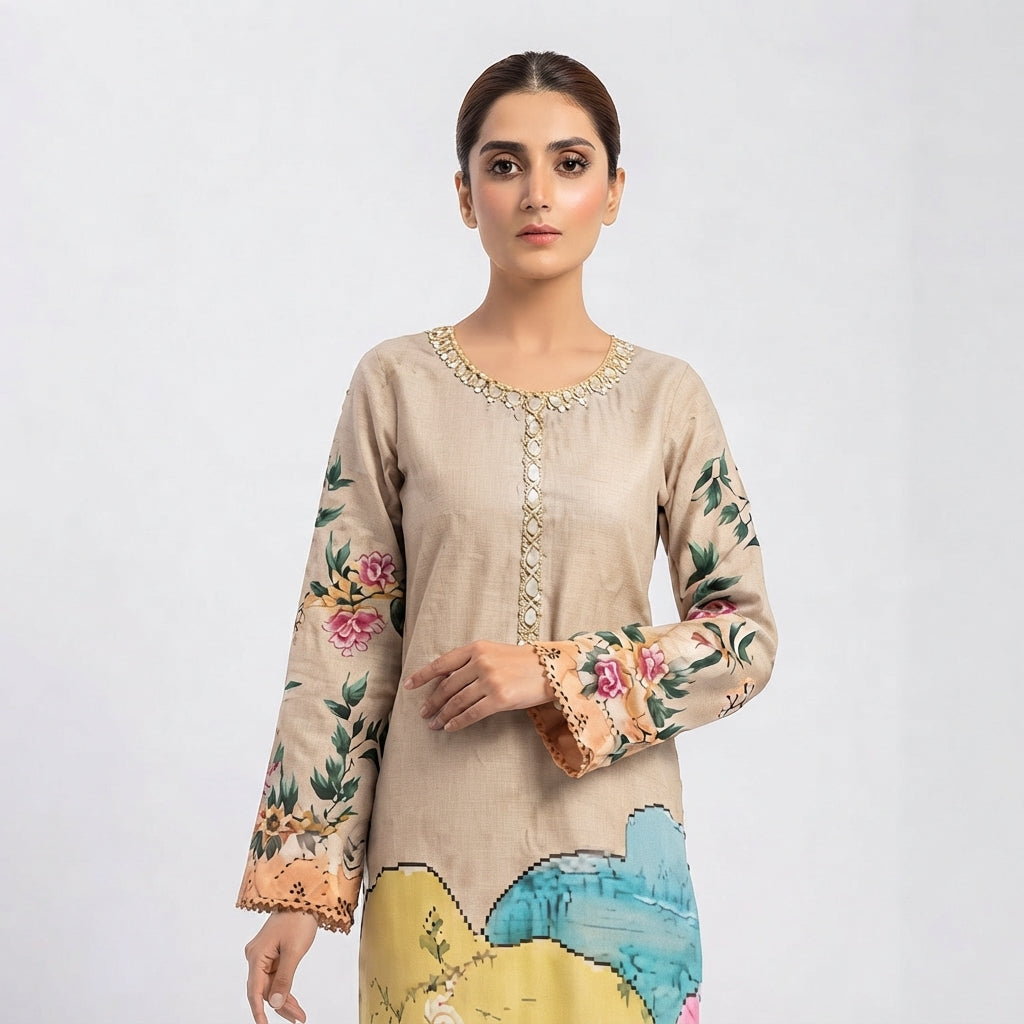 Ornate Neckline Printed Kurti and Trouser Set (BZ-25)