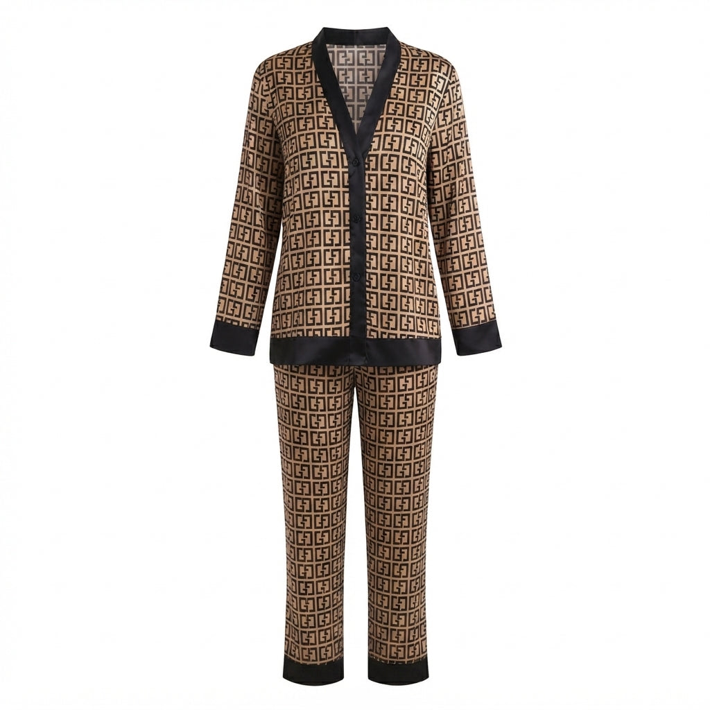 Printed Front Open Silk Night Suit – Full Sleeve
