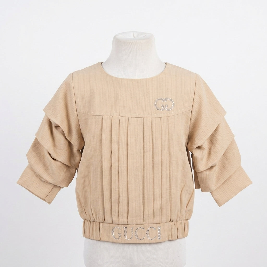 Girls Pleated Top & Lace Hem Flare Jeans Set (K021201)