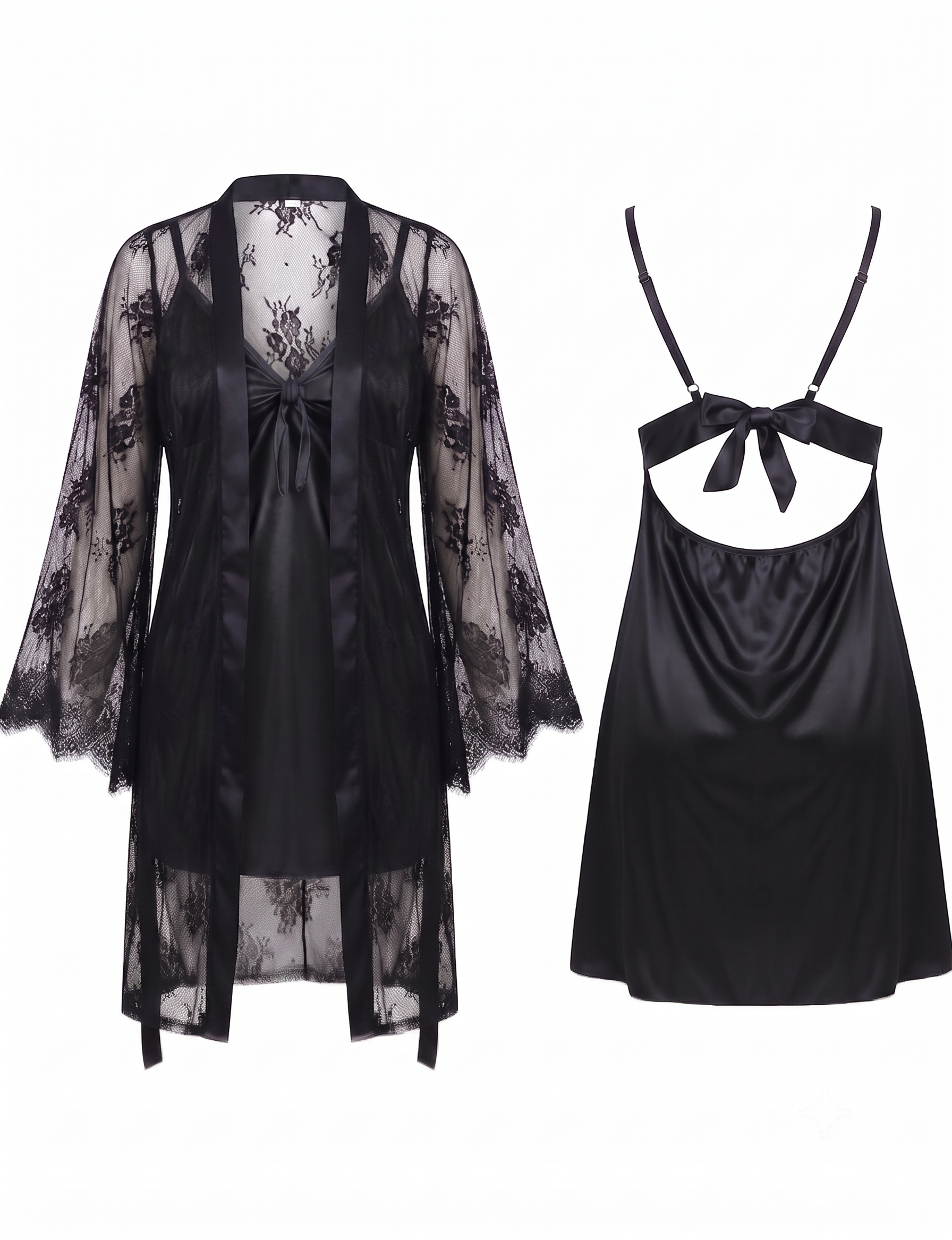 Sheer Lace Duster & Satin Chemise Set