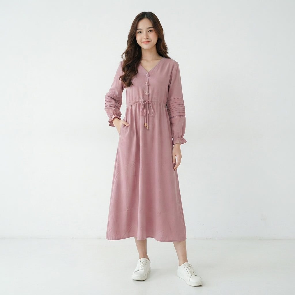 Pintuck Sleeve Long Dress (A-221)