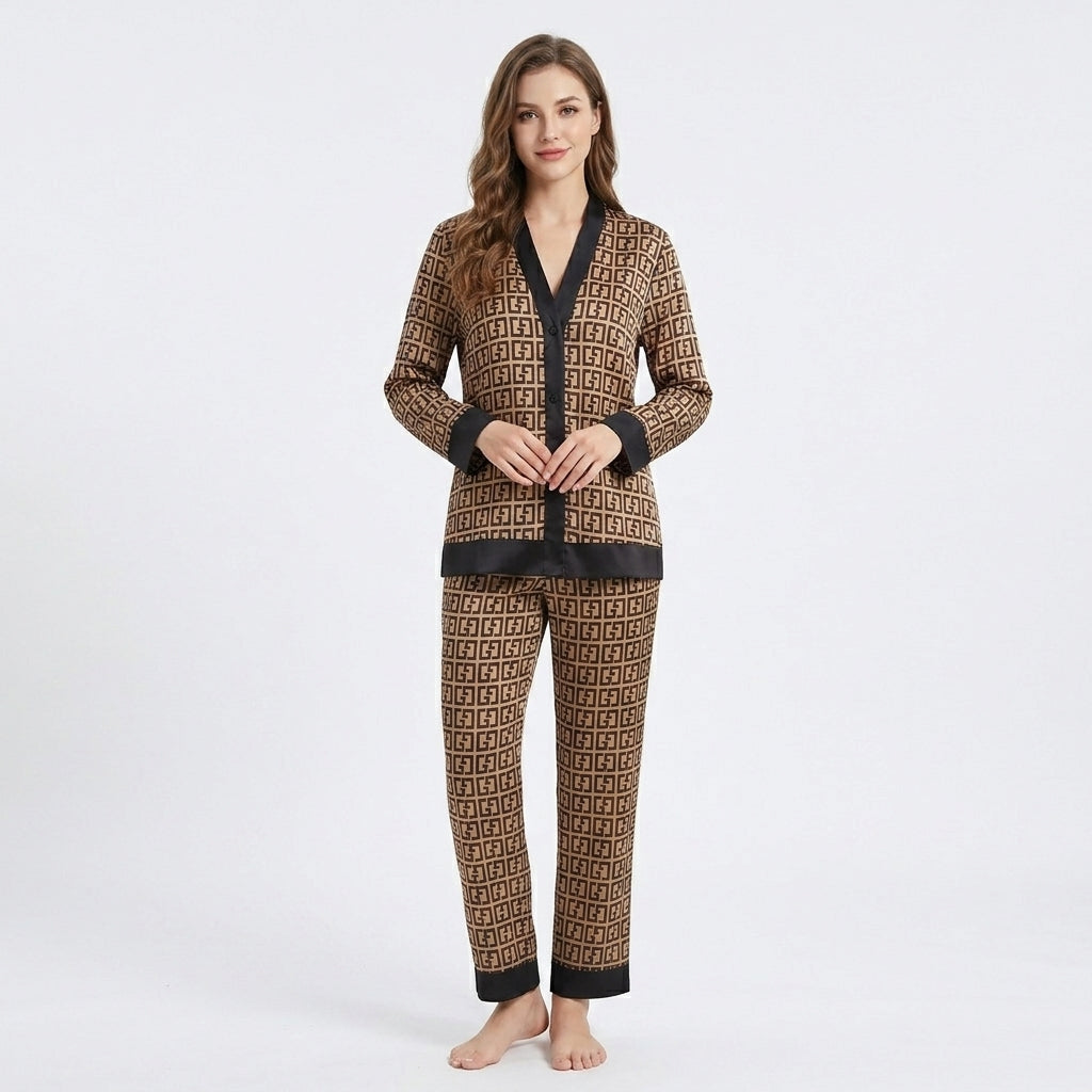 Printed Front Open Silk Night Suit – Full Sleeve