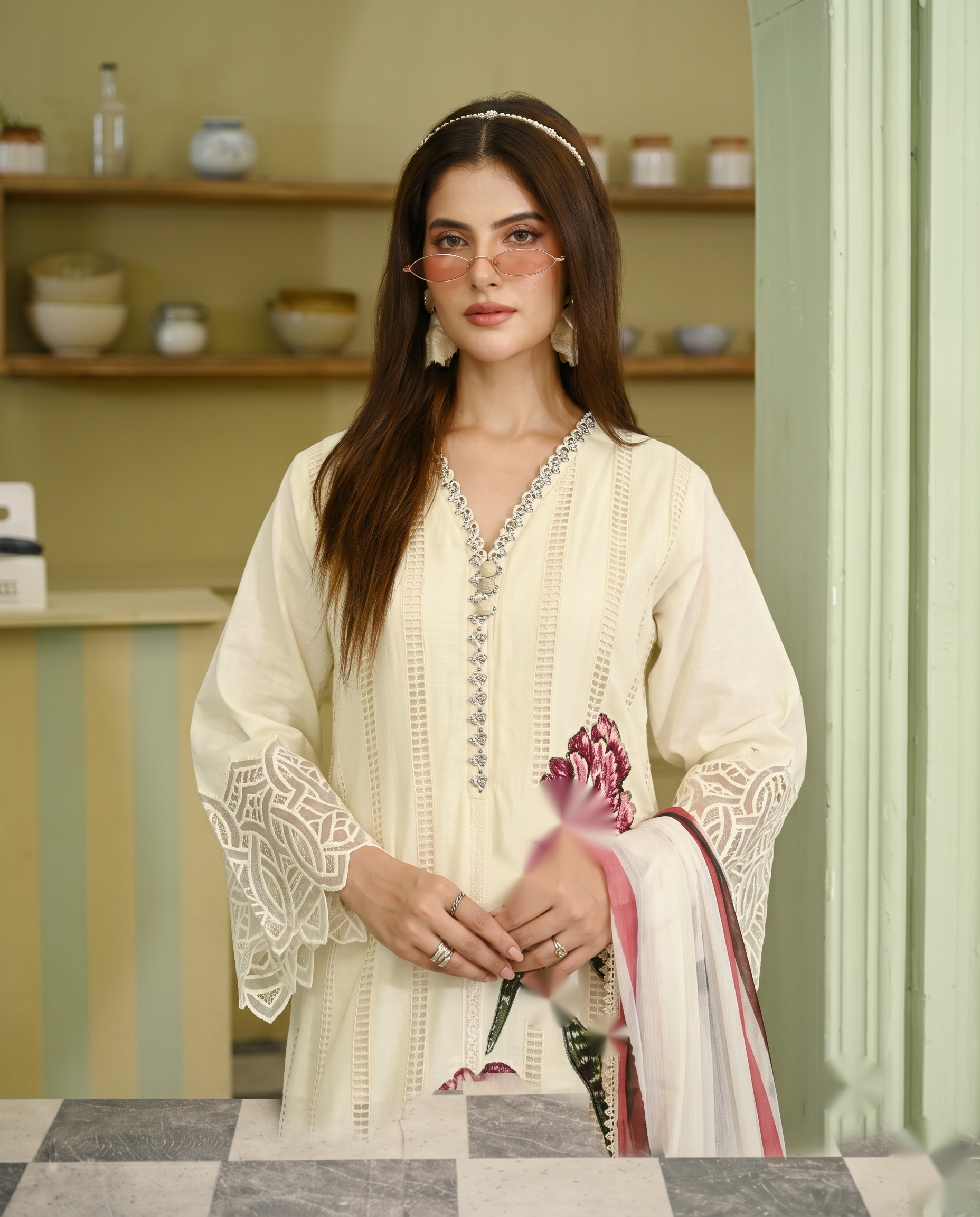 3-Piece Ivory Iris Embroidered Tunic Set