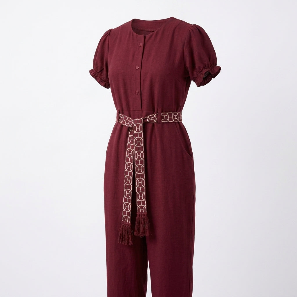 Short-Sleeve Patterned Tie Waist Romper (B-073201)