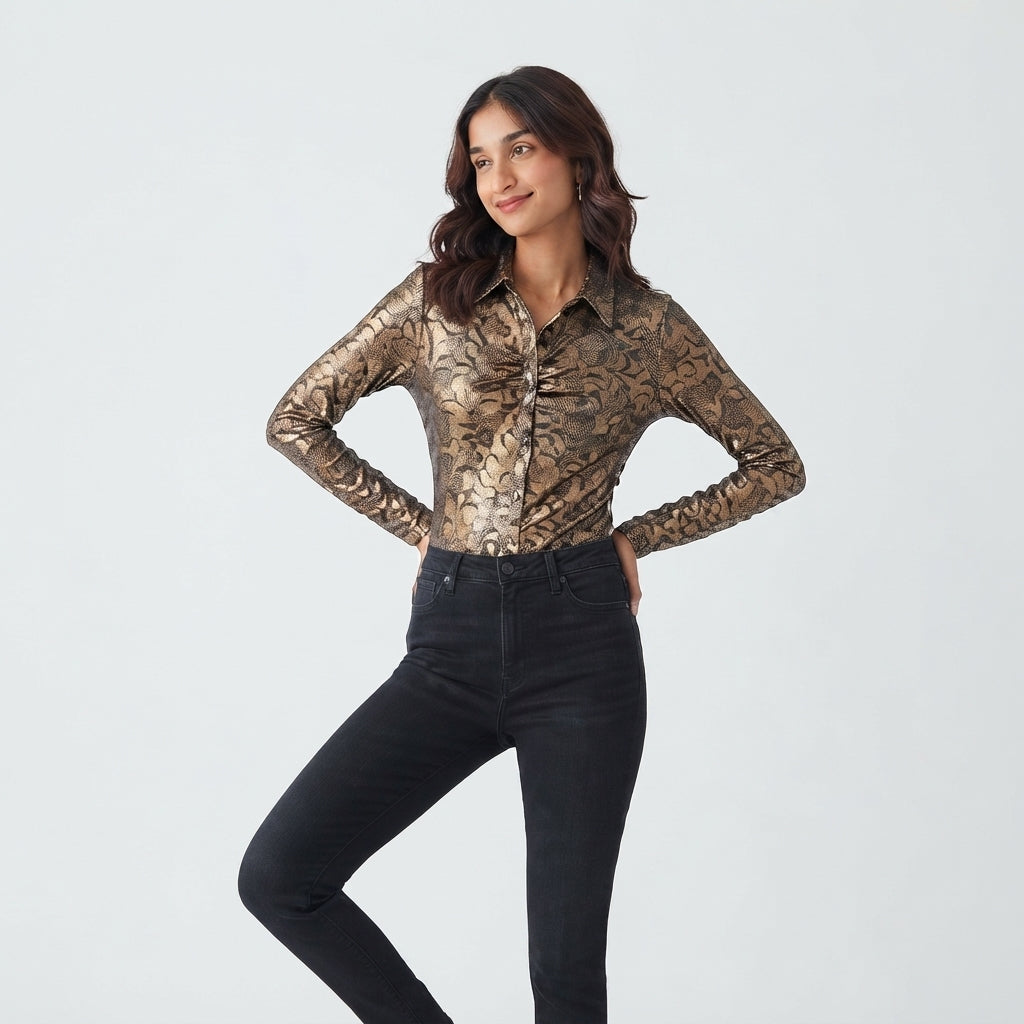 Textured Long-Sleeve Collared Shirt