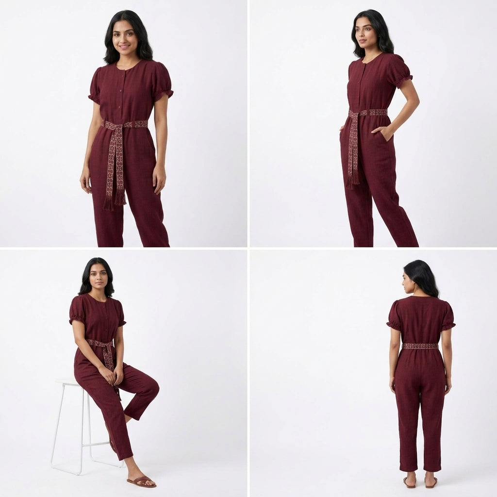 Short-Sleeve Patterned Tie Waist Romper (B-073201)