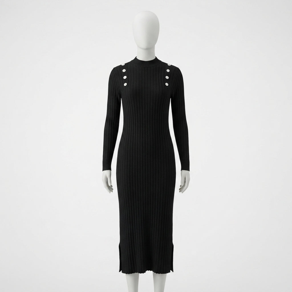 Button Detail Ribbed Midi Dress (BD-03)
