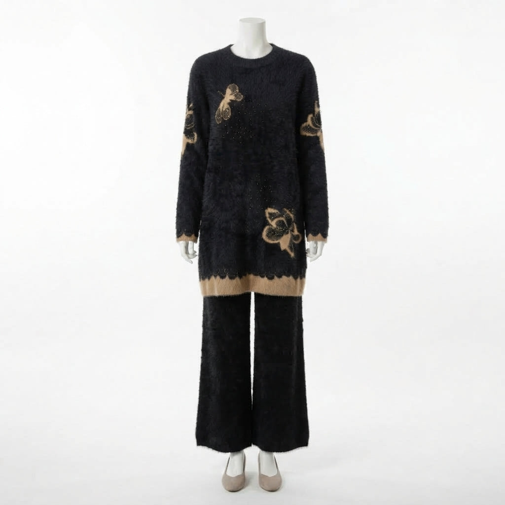 Fluffy Knit Sweater and Trousers Set (690658)
