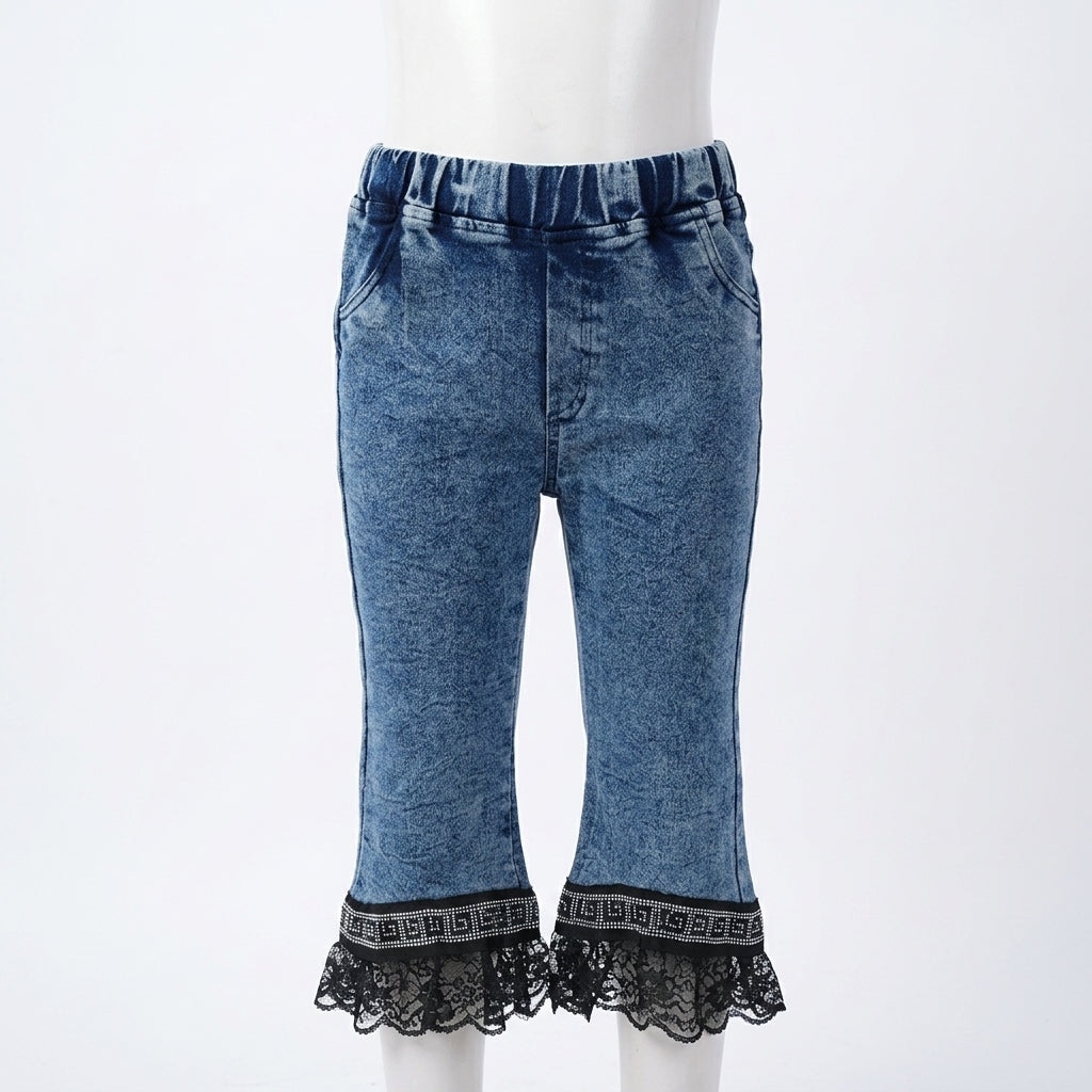 Girls Pleated Top & Lace Hem Flare Jeans Set (K021201)