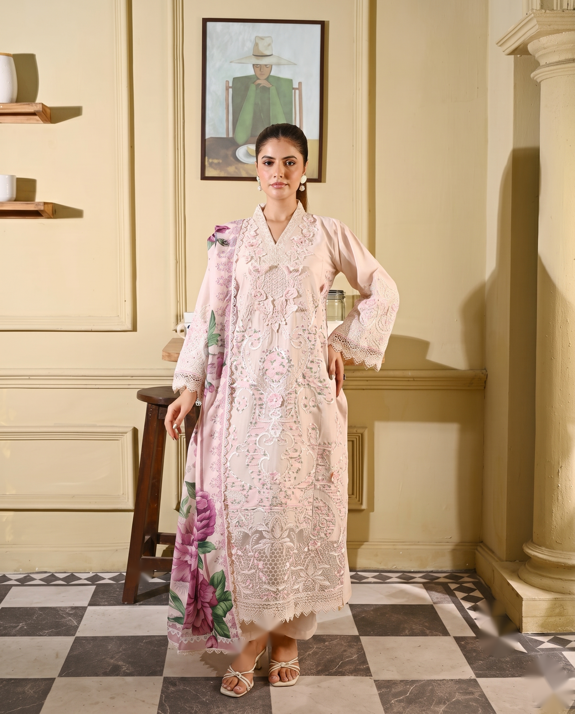 3-Piece Blush Blossom Embroidered Tunic Set
