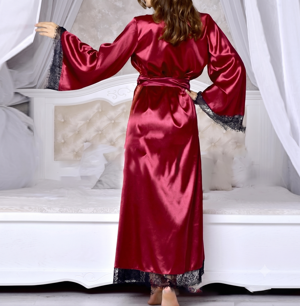 Luxury Silk Maxi Robe with Eyelash Lace Trim