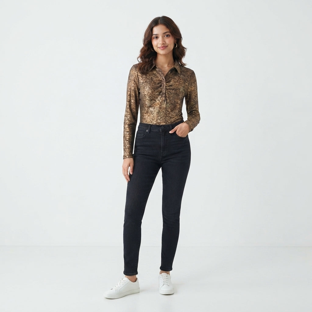 Textured Long-Sleeve Collared Shirt