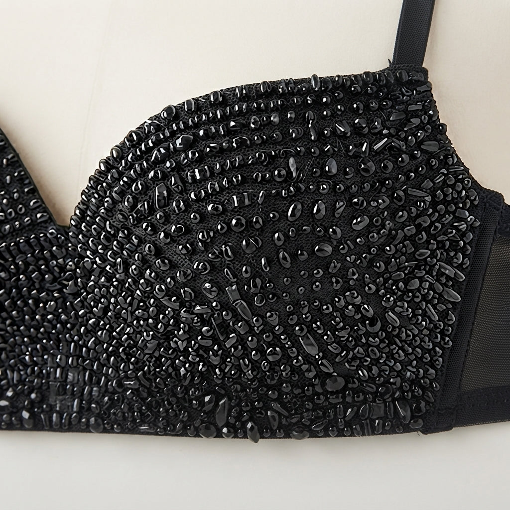 Sheer Mesh Paneled Beaded Crop (25600)