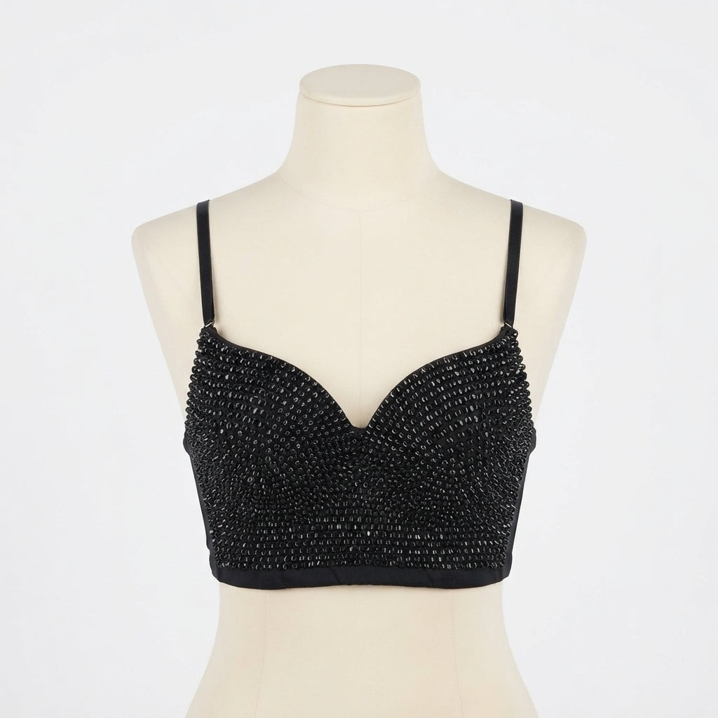 Sheer Mesh Paneled Beaded Crop (25600)