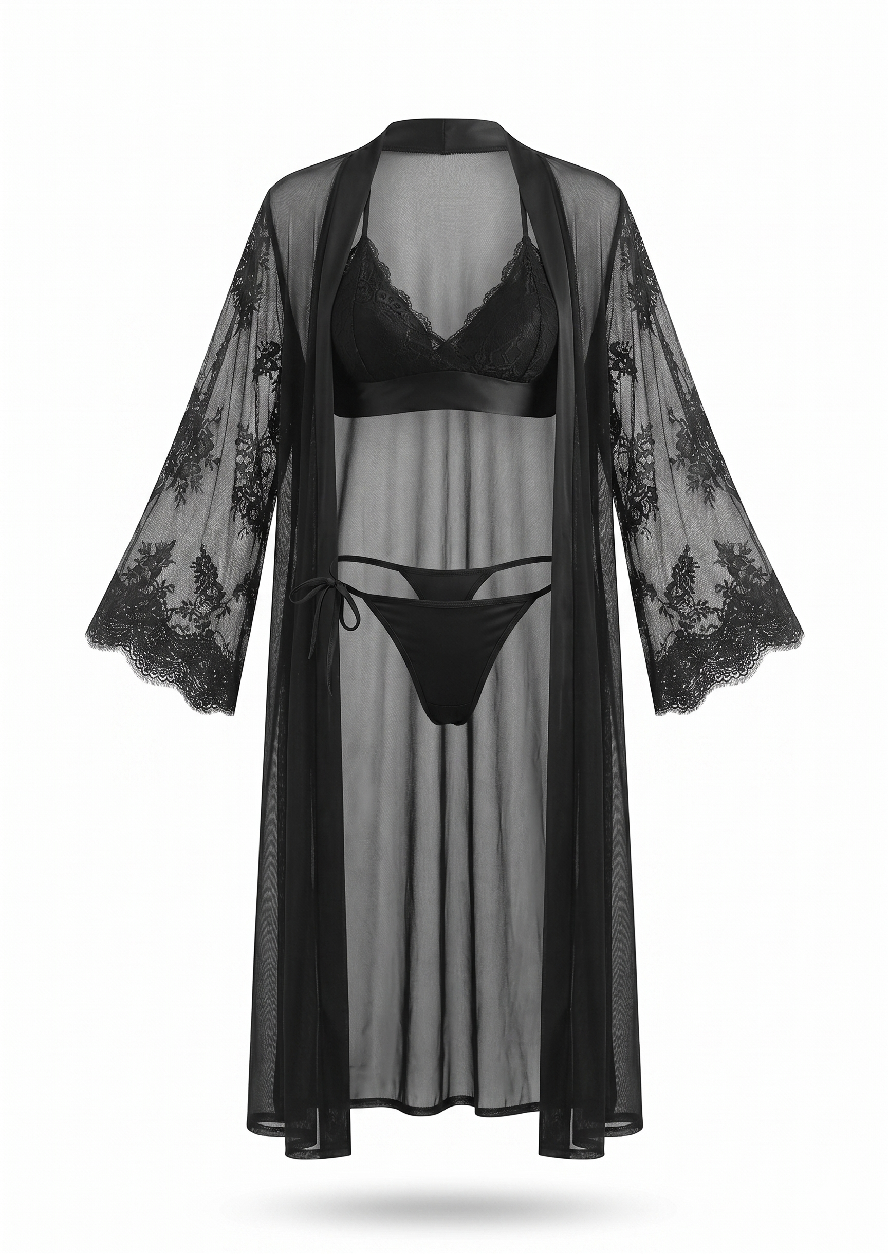 Elegant Lace-Sleeve Robe & Lingerie Set