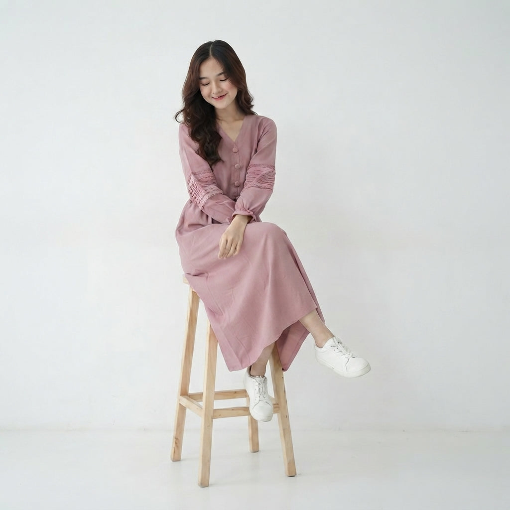 Pintuck Sleeve Long Dress (A-221)