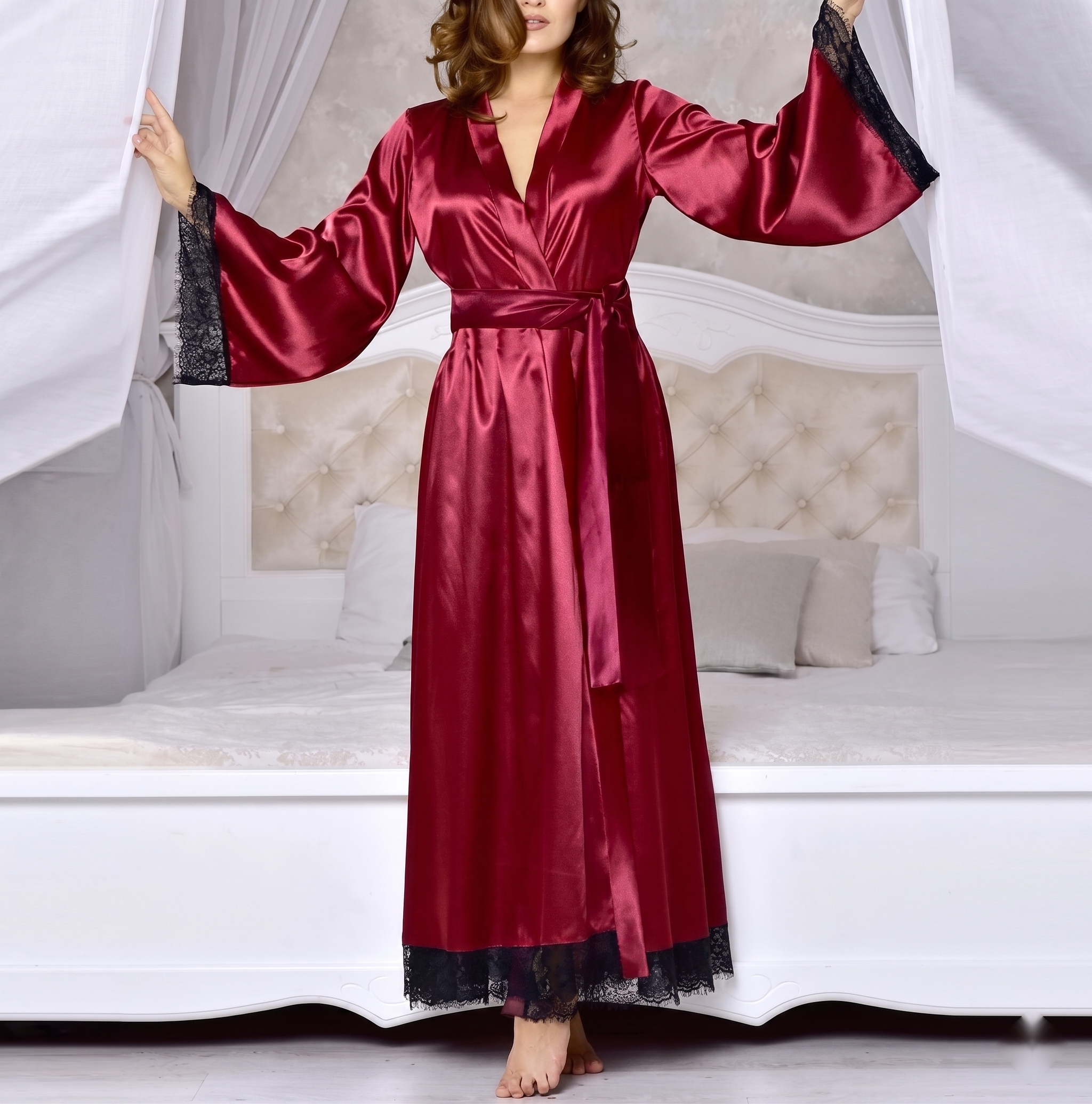 Luxury Silk Maxi Robe with Eyelash Lace Trim