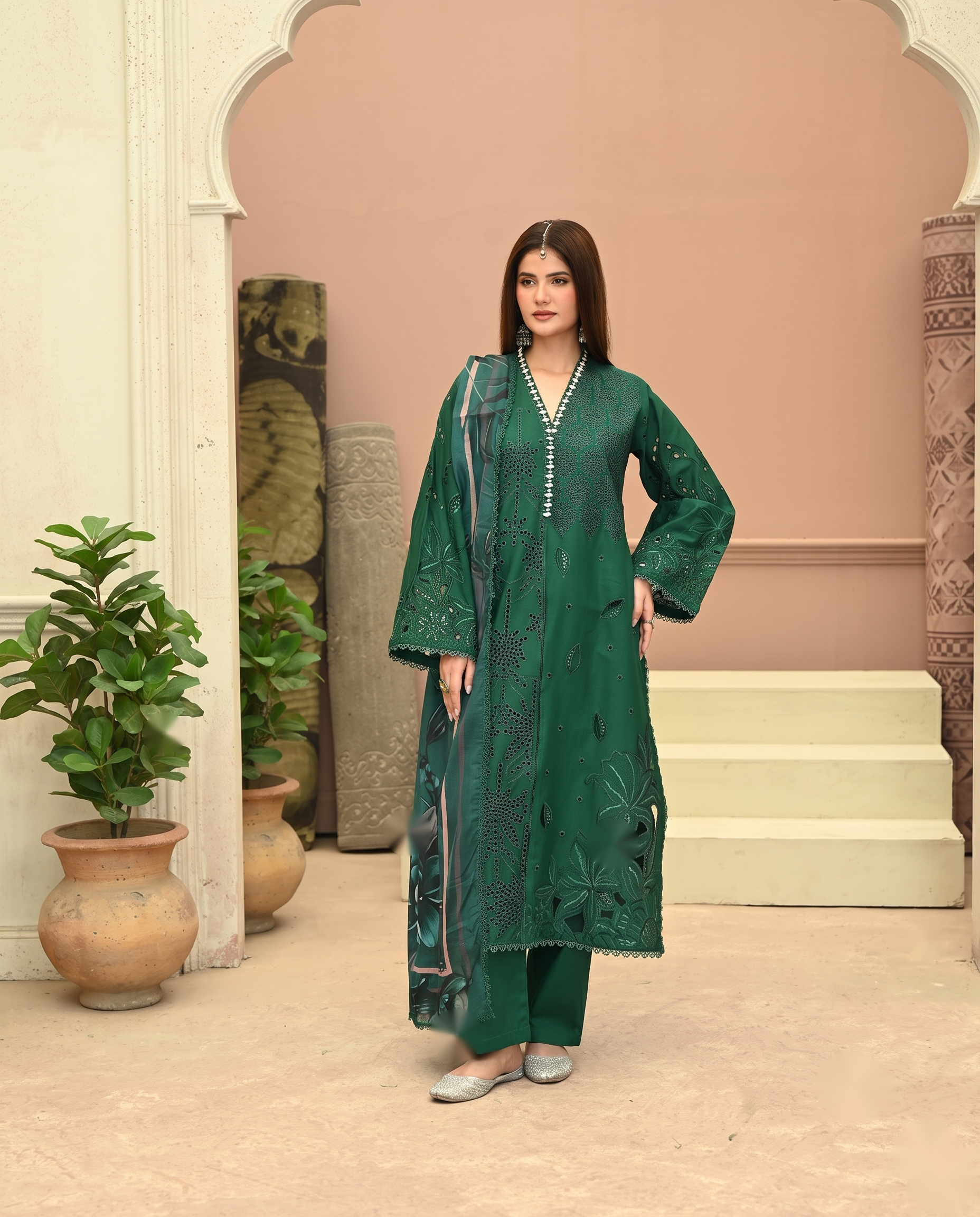 Emerald Oasis Cutwork Tunic Set ( 3-Piece)