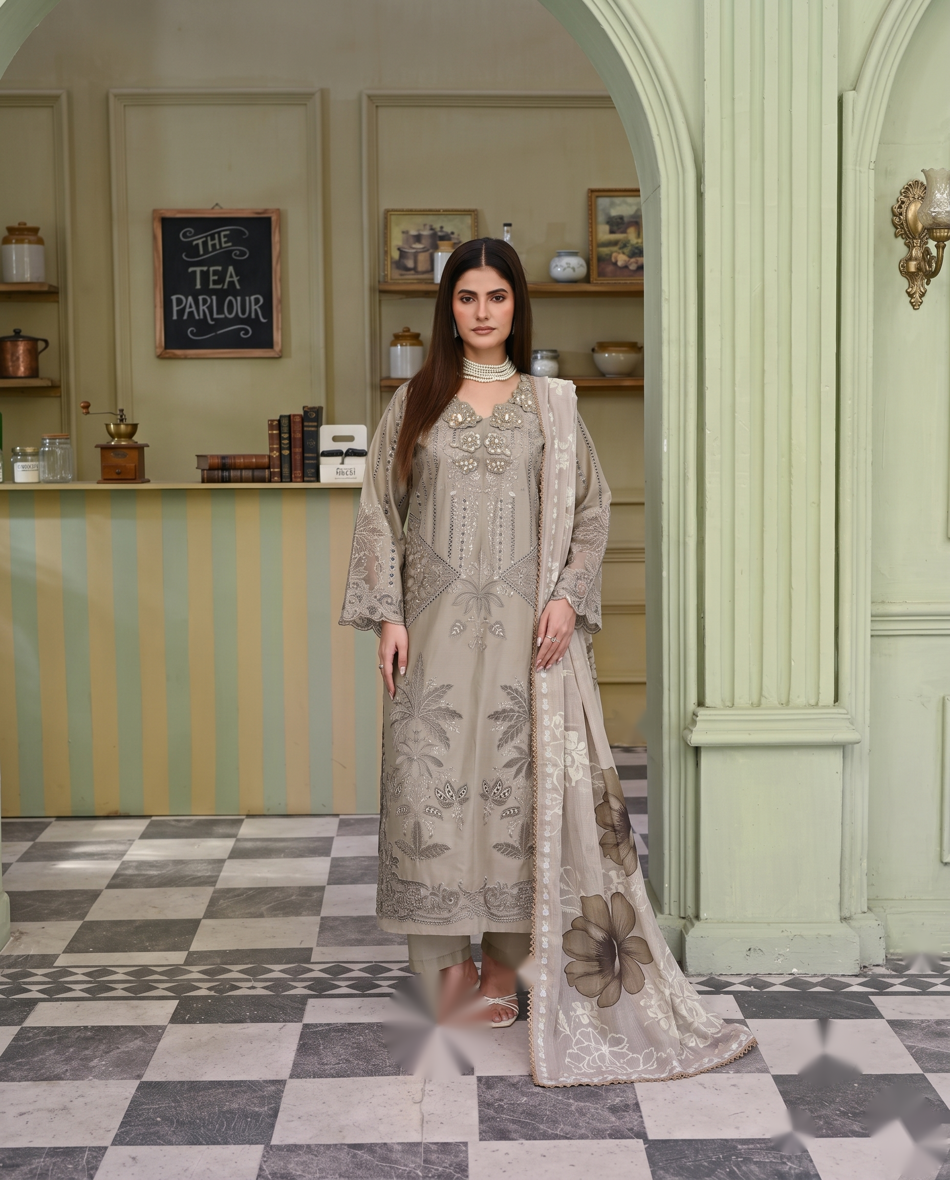 3-Piece Taupe Mist Embroidered Tunic Set