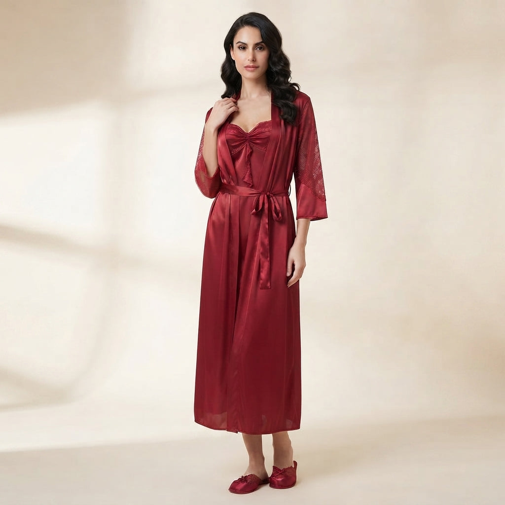 Graceful Satin Belted Robe & Chemise Collection (9004)