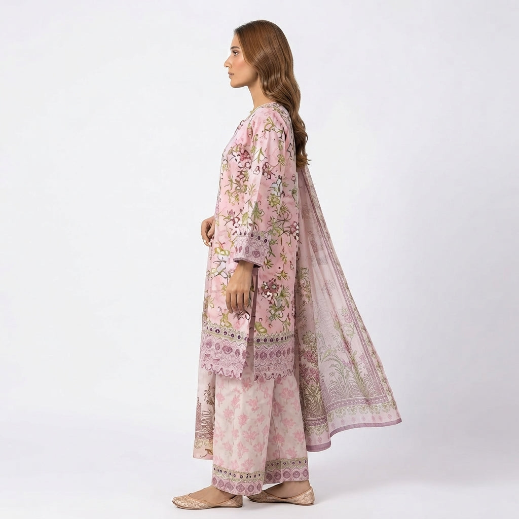 Floral Printed Three-Piece Lawn Suit with Dupatta (BZ-35)