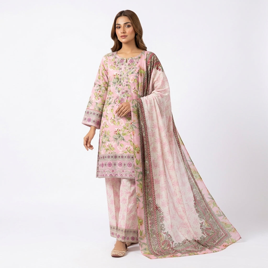 Floral Printed Three-Piece Lawn Suit with Dupatta (BZ-35)