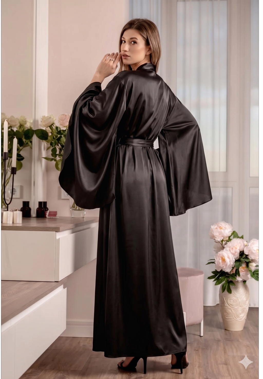 Angel-Sleeve Satin Maxi Robe