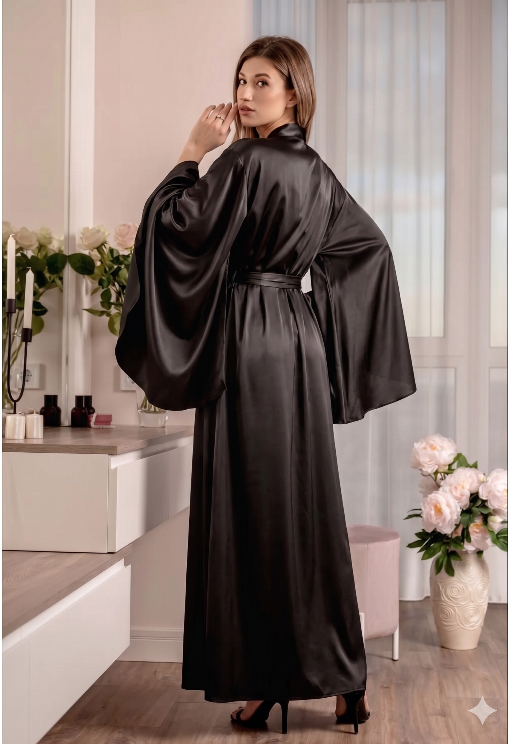 Angel-Sleeve Satin Maxi Robe