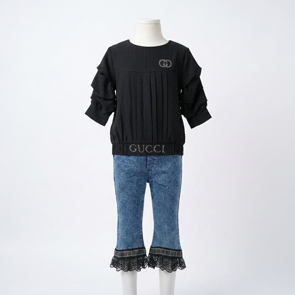 Girls Pleated Top & Lace Hem Flare Jeans Set (K021201)