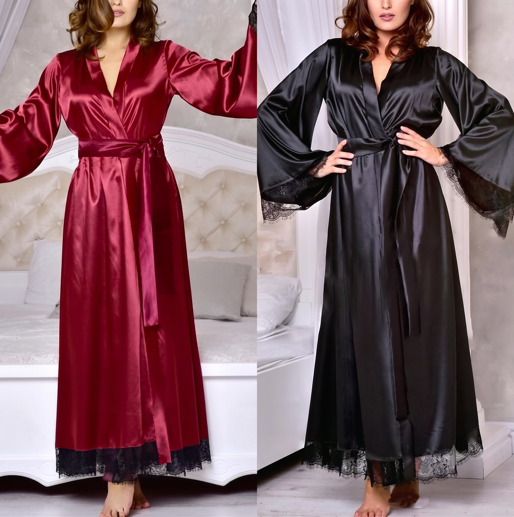 Luxury Silk Maxi Robe with Eyelash Lace Trim