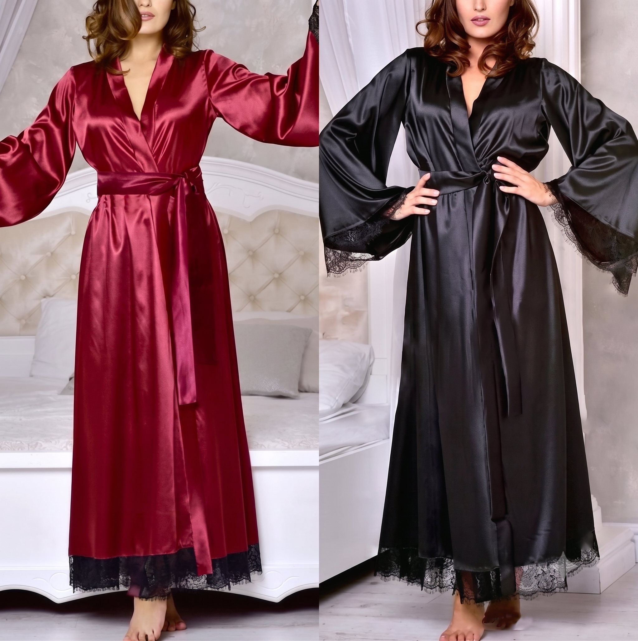 Luxury Silk Maxi Robe with Eyelash Lace Trim