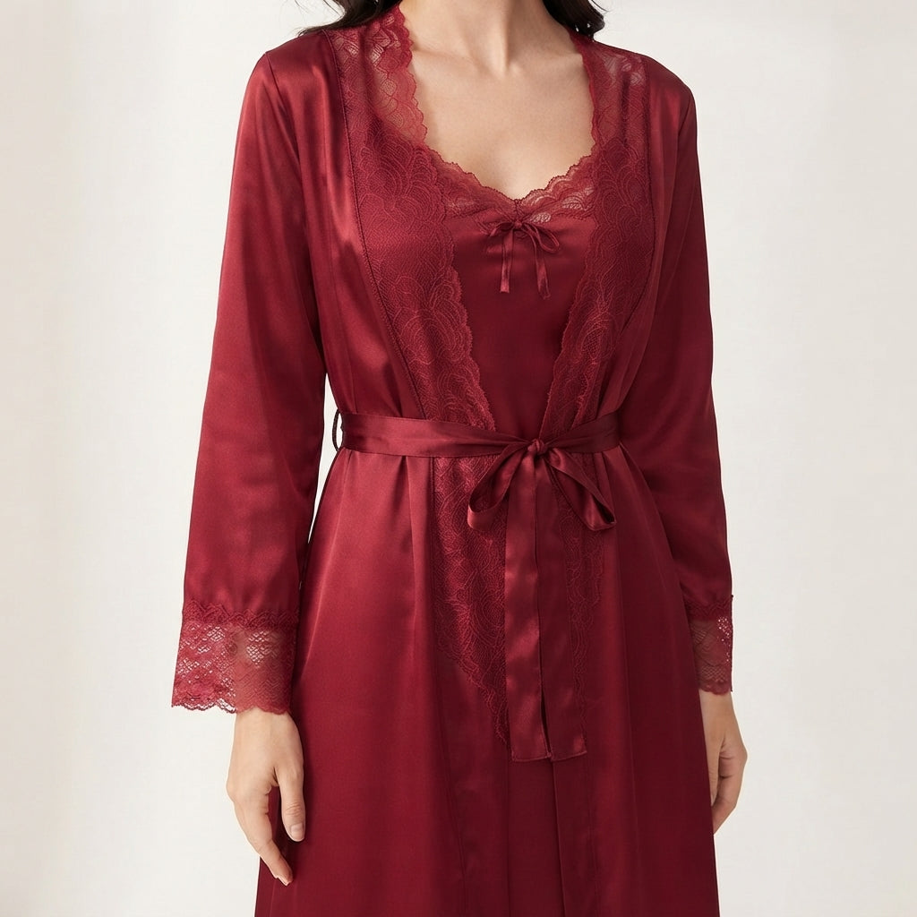 Velvet Touch Lace Trim Lounge Robe (JE-90250)