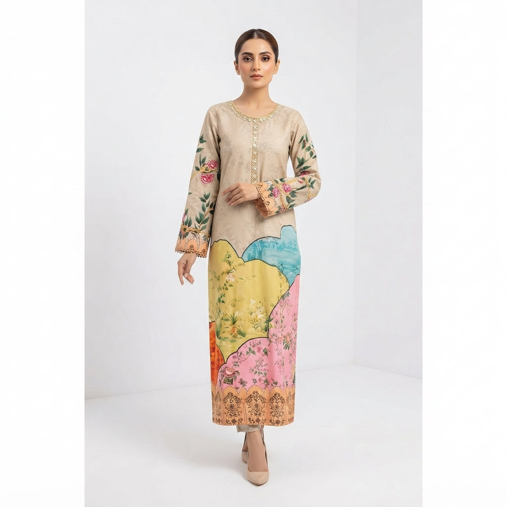 Ornate Neckline Printed Kurti and Trouser Set (BZ-25)