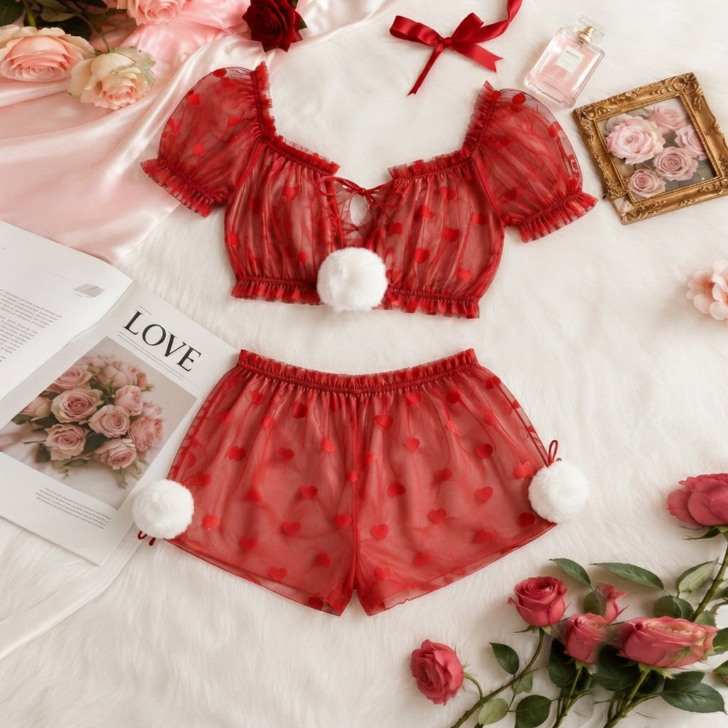 Heart Mesh Puff Sleeve Crop Top and Shorts Set